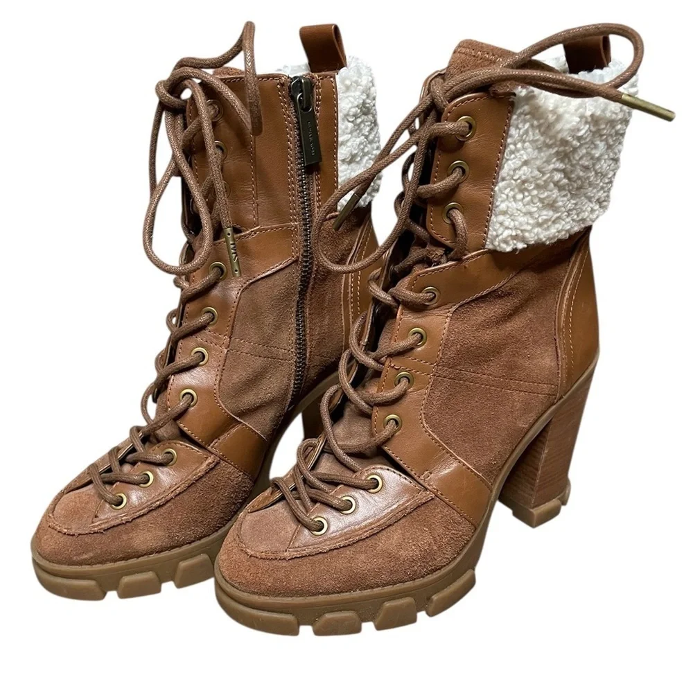 Michael Kors Ridley Leather And Sherpa Lace Up Boots Size 6.5 Women’s Brown
